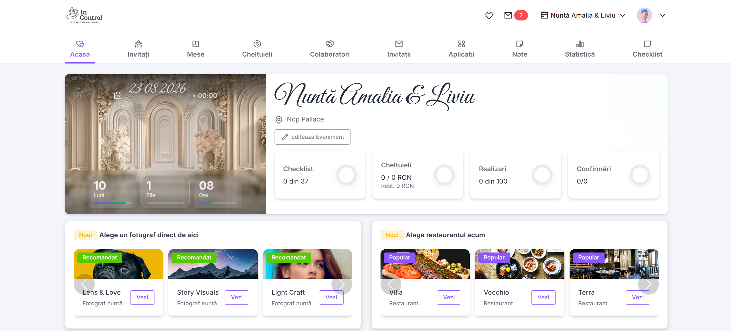 Dashboard de management nuntă - invitați, buget, checklist